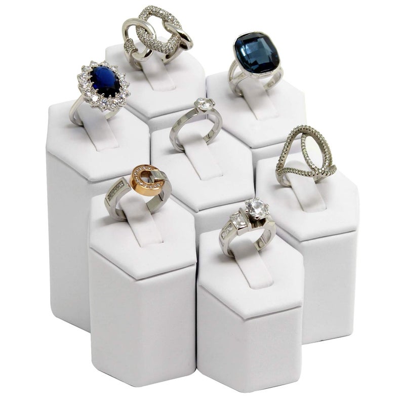 Mooca Ring Stand Holder Display Tower Jewelry Organizer, Ring Display Holder, Pedestals Display 7 Pcs Set Perfect for Showcase, White Faux Leather - Image 1
